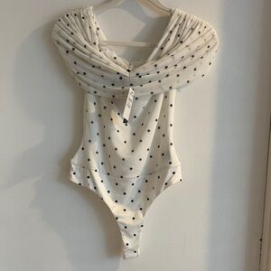 AFRM Polka Dot Off-Shoulder Bodysuit - Ivory with Black Dots size medium NWT